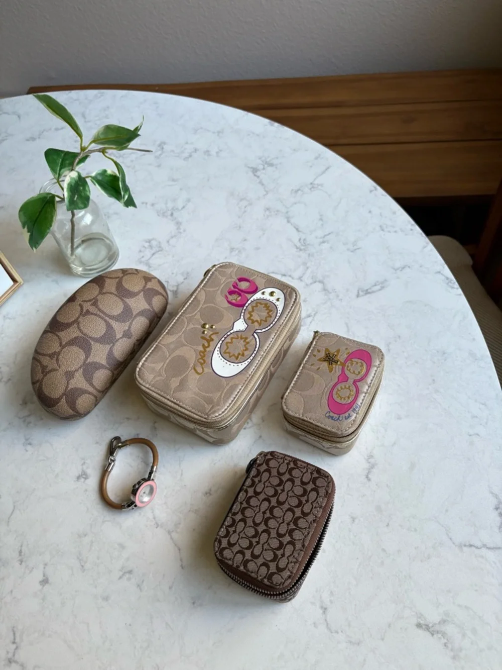 Coach Beige & Brown Signature Accessory Set with Pink Accent LOT Cases only
